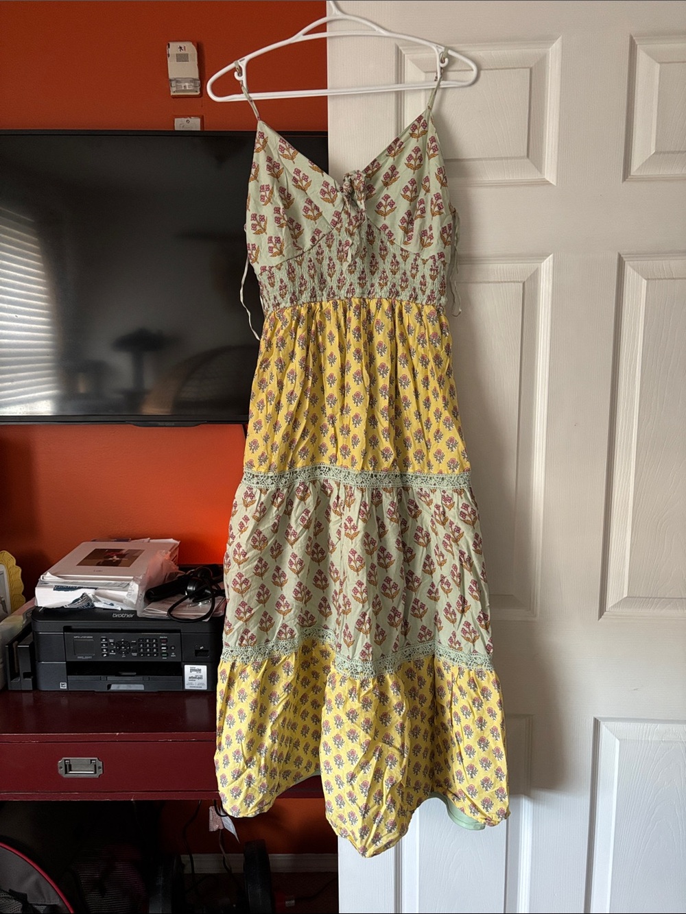 Bohemian Tiered Spaghetti-Strap Dress in Yellow & Sage